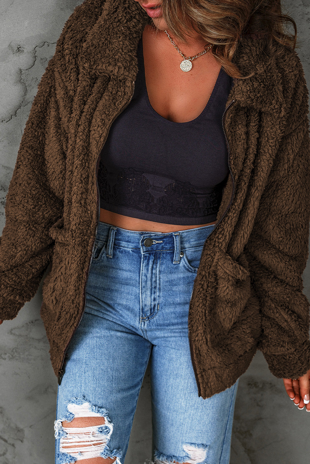 Women's Zip Up Cozy Teddy Jacket with Pockets in Brown