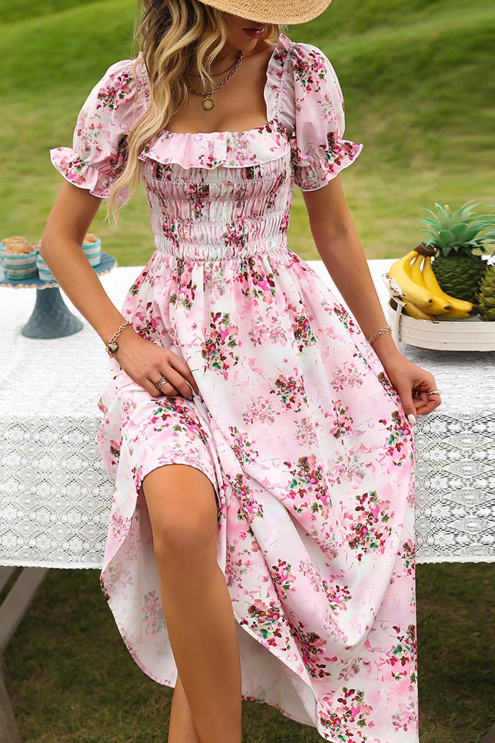 Floral Square Neck Flounce Sleeve Midi Dress