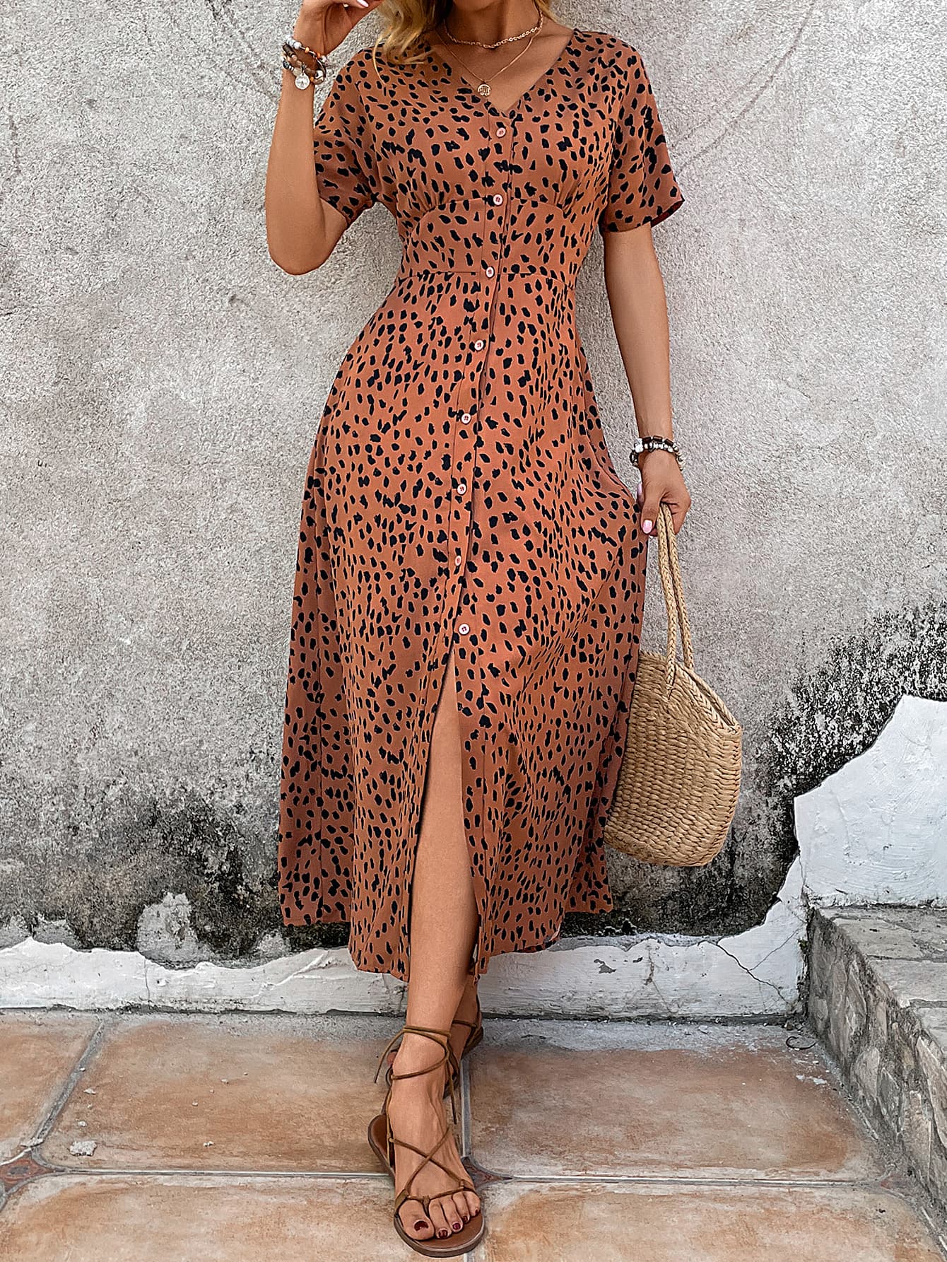 Printed V-Neck Short Sleeve Dress