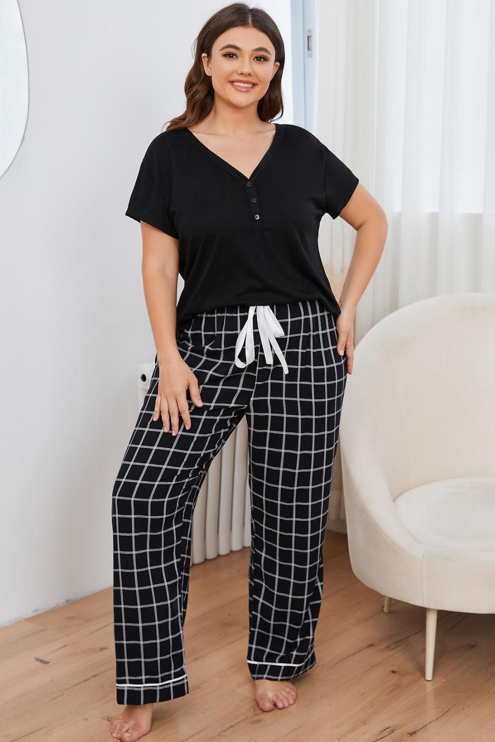 Plus Size V-Neck Top and Plaid Bottoms Lounge Set