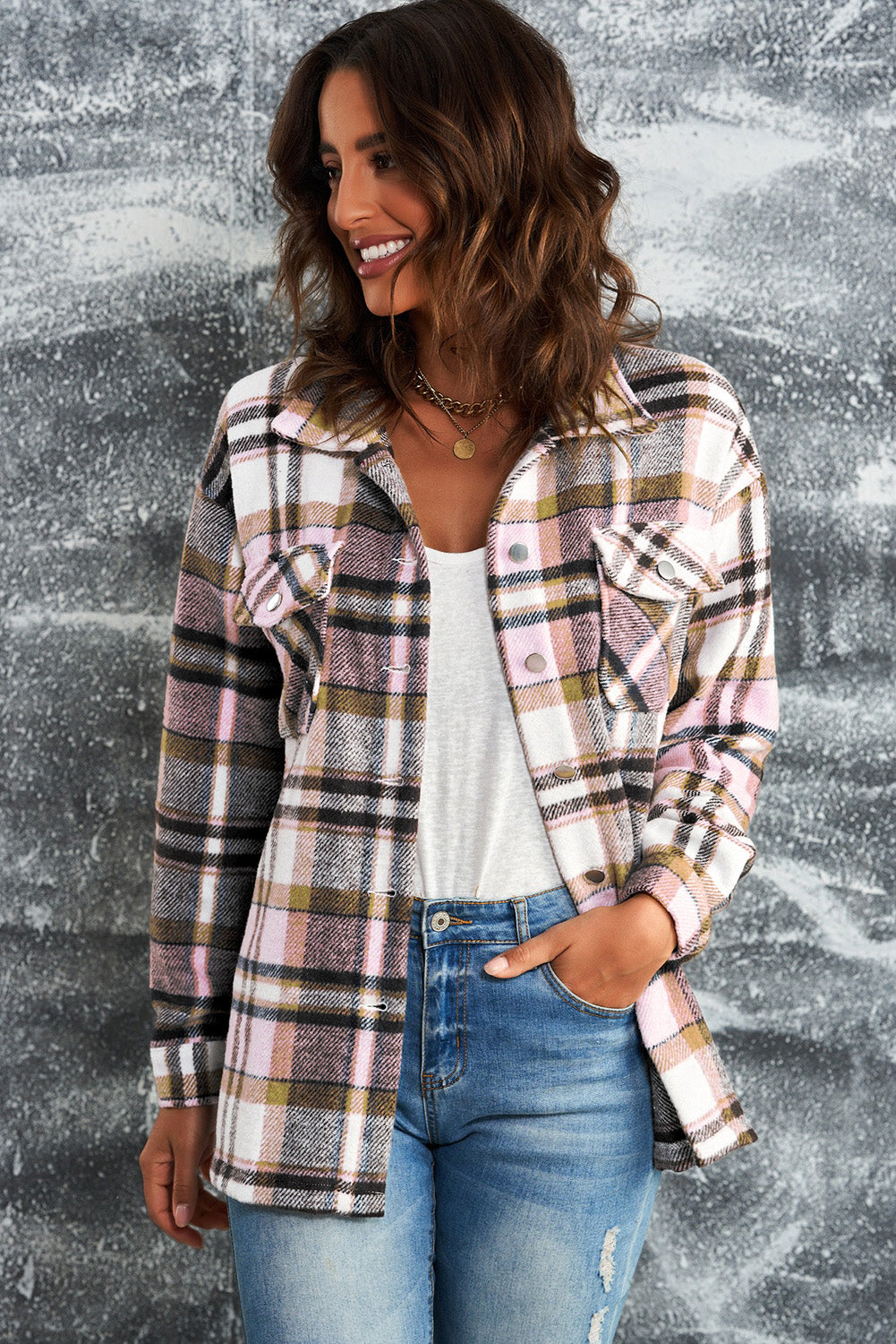 Women's Plaid Button Front Shirt Jacket with Breast Pockets in Pink, Red, Khaki, or Blue