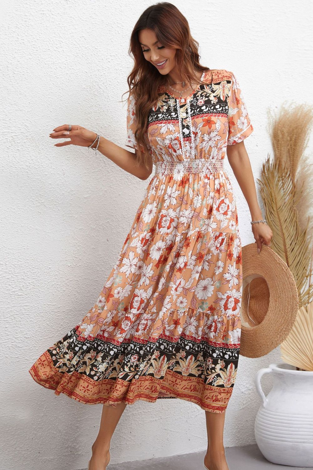 Bohemian Short Sleeve V-Neck Midi Dress