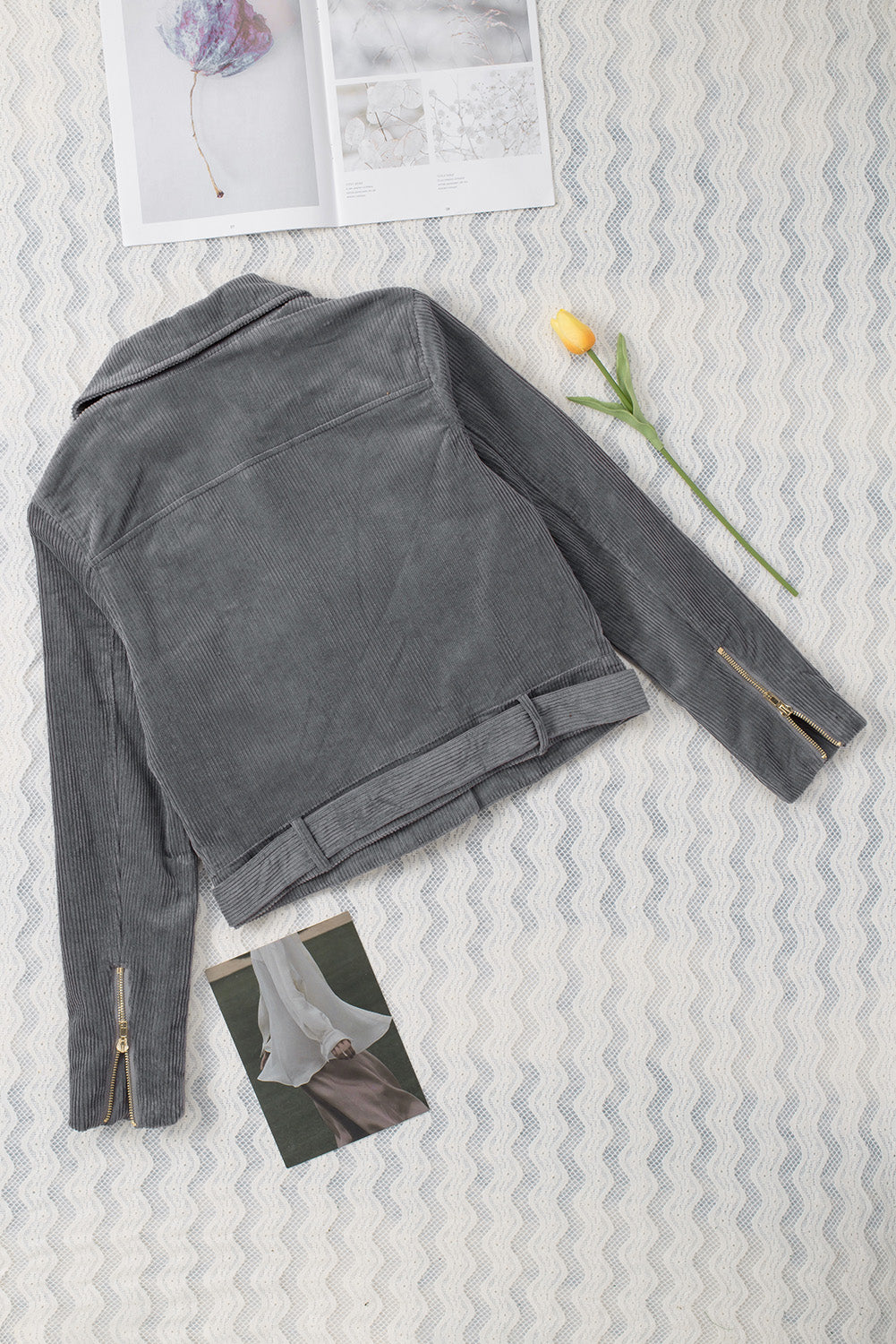 Women's Gray Belted Zip-Up Corduroy Jacket