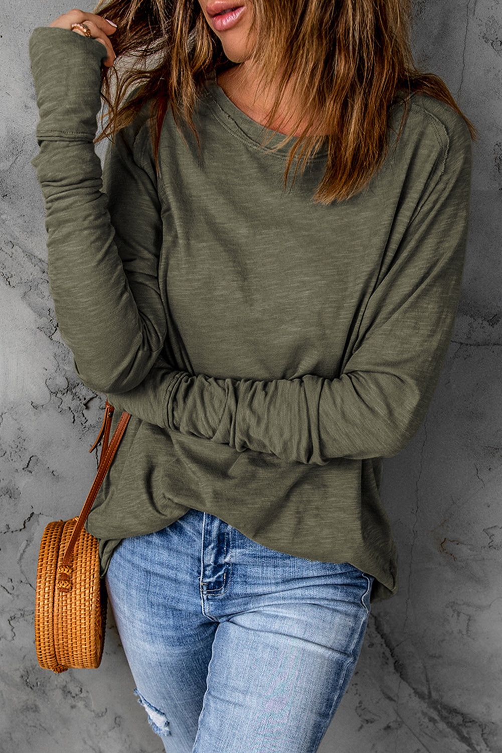 Women's Thumbhole Long Sleeve Round Neck Green Top