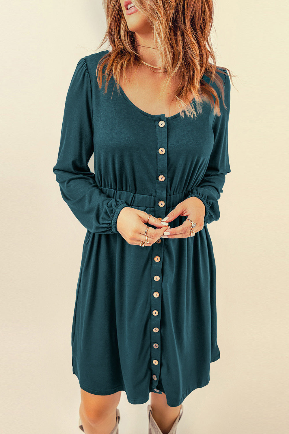 Women's Button Down Long Sleeve Dress with Pockets in Peach, Evergreen, Sky Blue, Emerald