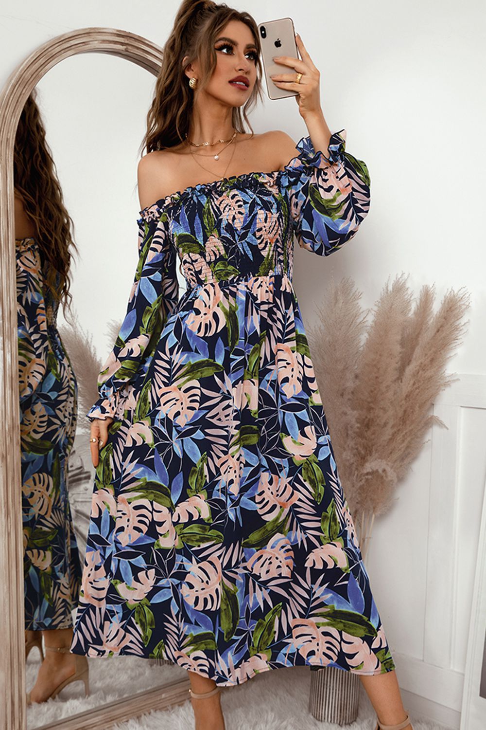 Botanical Print Off-Shoulder Flounce Sleeve Dress