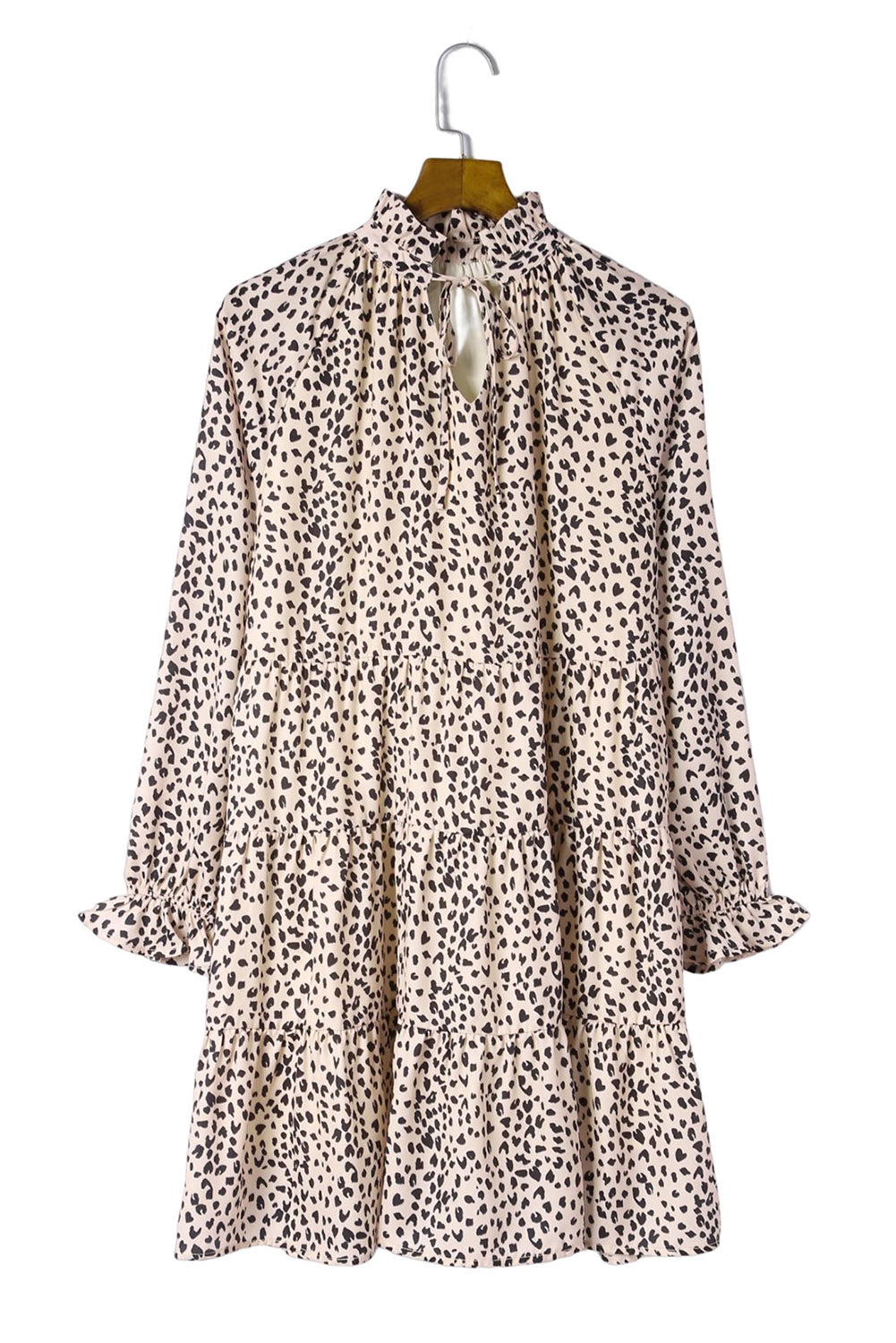 Printed Tie-Neck Flounce Sleeve Tiered Khaki Dress