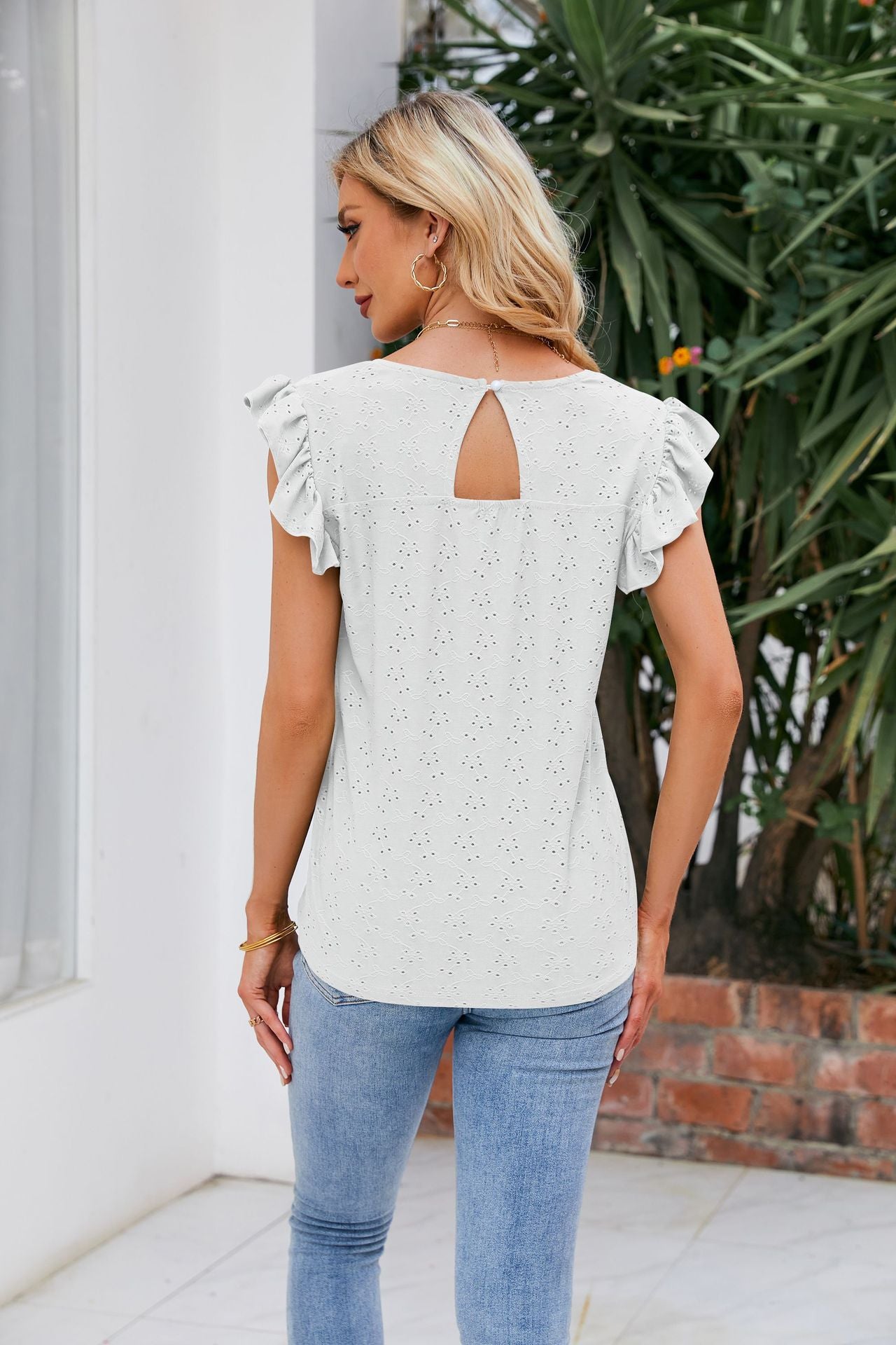 V-Neck Flutter Sleeve Eyelet Top