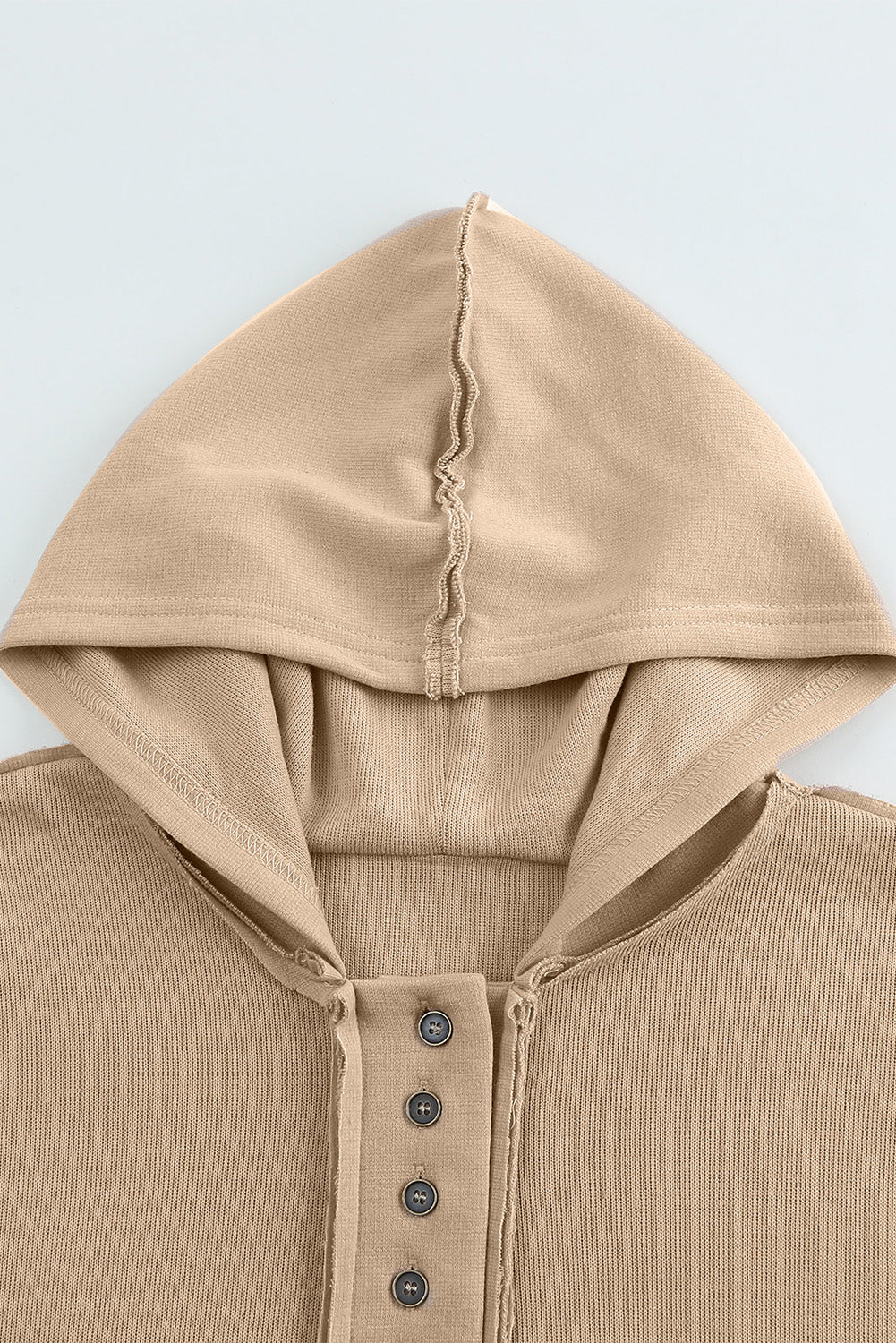 Women's Quarter-Button Exposed Seam Dropped Shoulder Hoodie in Black, Khaki, Sky Blue, Gray, & Pink