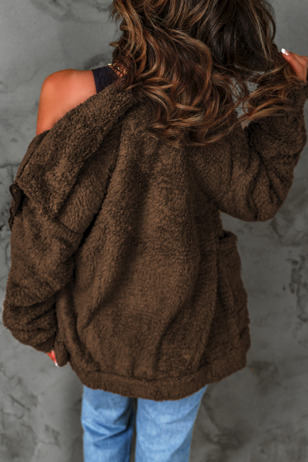 Women's Zip Up Cozy Teddy Jacket with Pockets in Brown