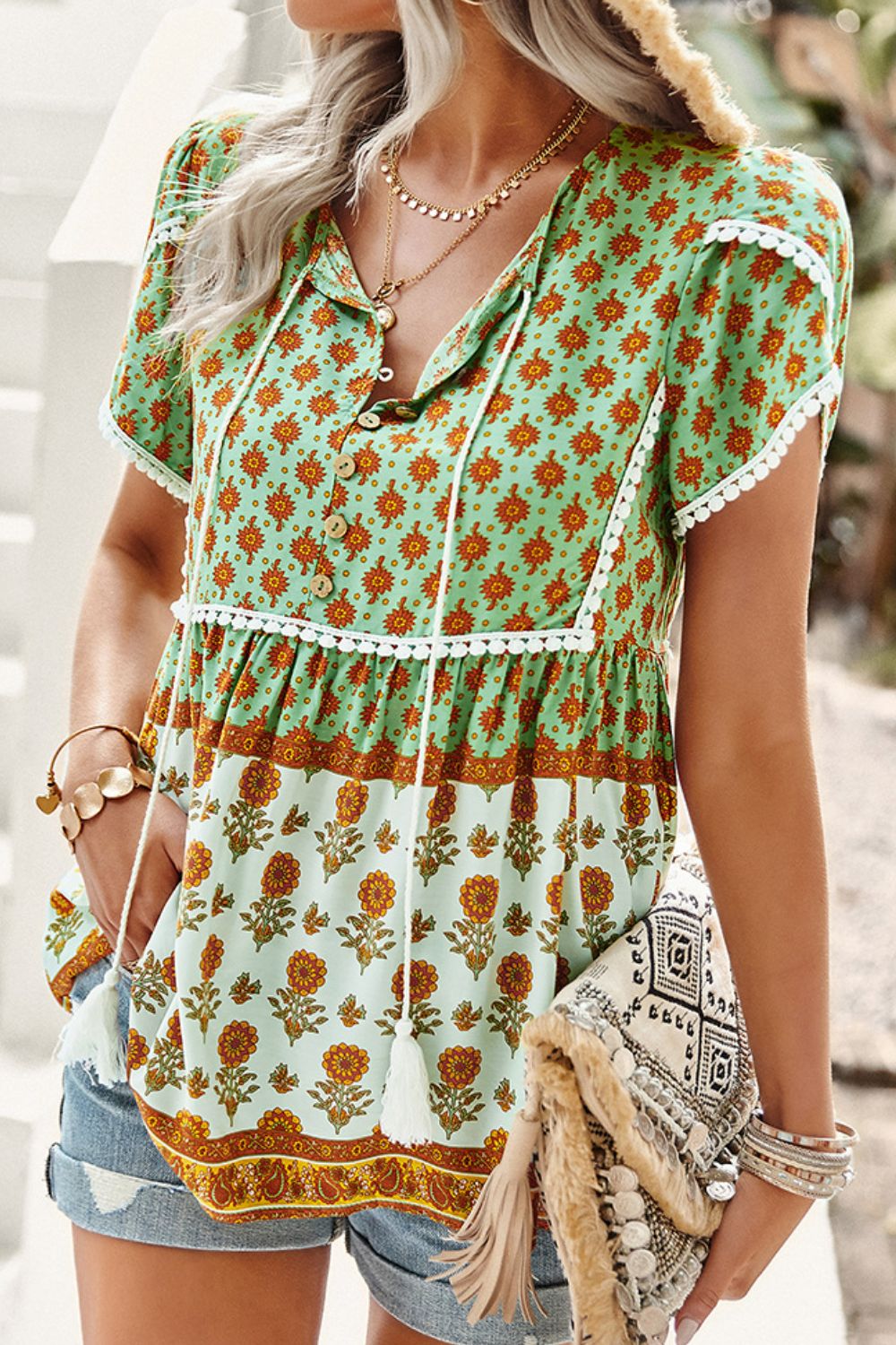 Bohemian Tie Neck Buttoned Blouse