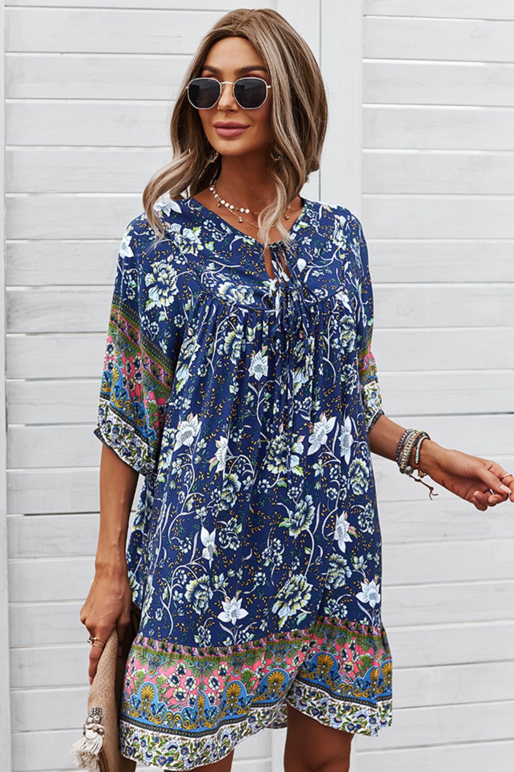 Bohemian Tie Neck Mini Dress