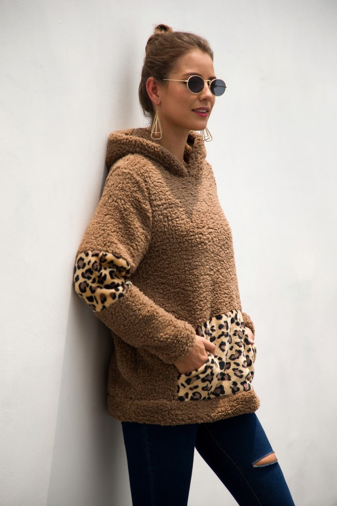 Leopard Color Block Sherpa Hoodie