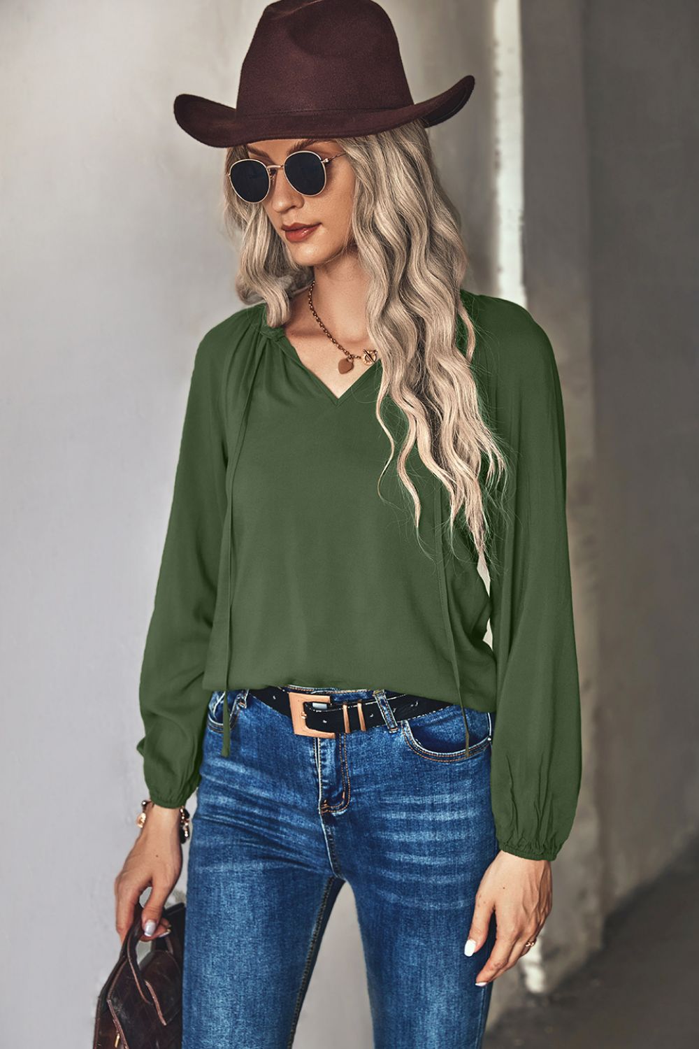 Women's Green or Navy Gathered Detail Tie-Neck Long Sleeve Blouse