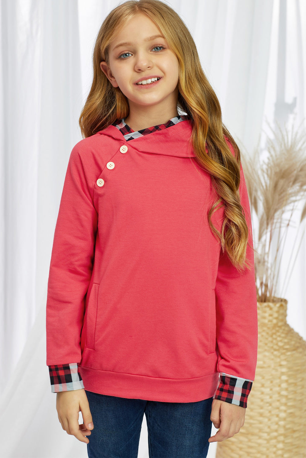 Girls Plaid Decorative Button Pullover with Pockets