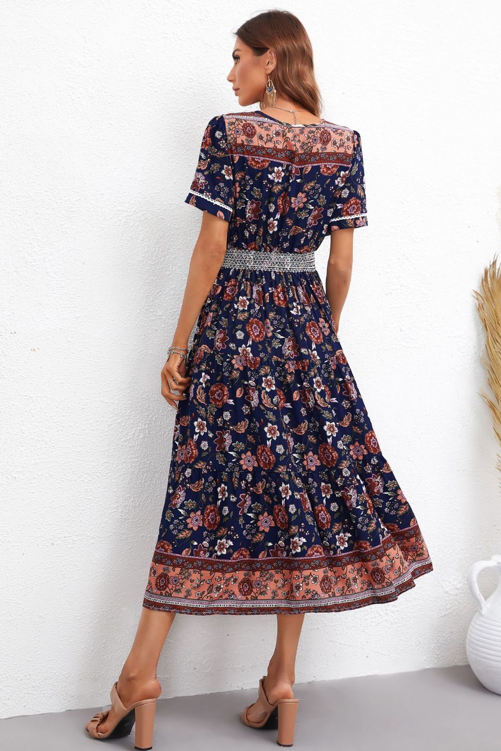 Bohemian Short Sleeve V-Neck Midi Dress