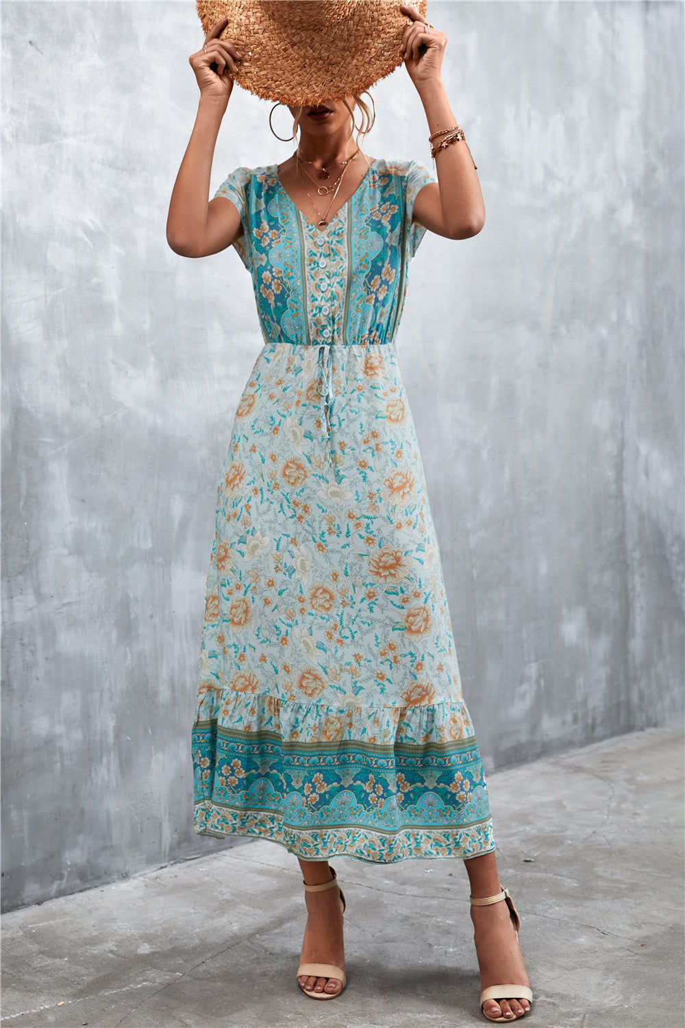 Bohemian V-Neck Short Sleeve Midi Dress