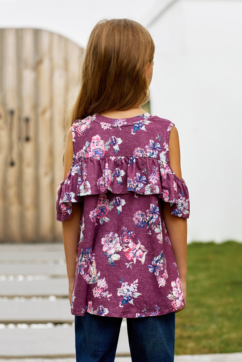 Girls Floral Cold-Shoulder Ruffled Top