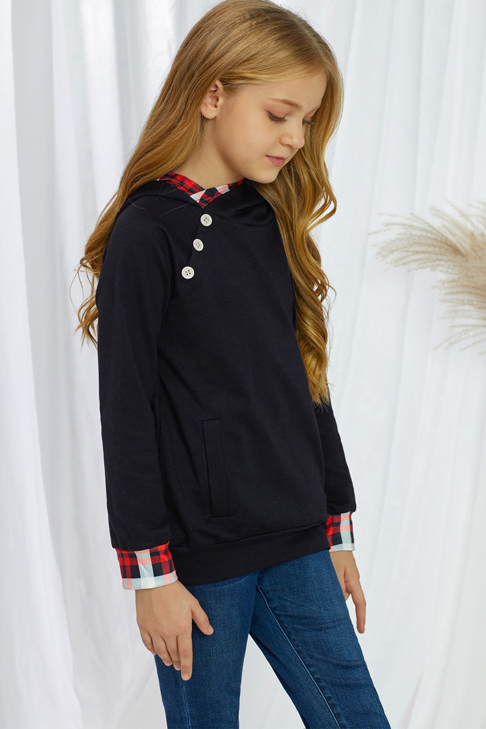 Girls Plaid Decorative Button Pullover with Pockets