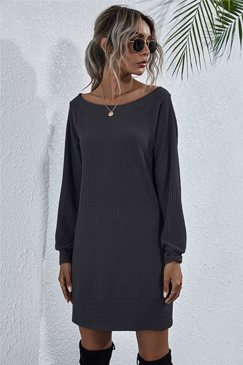 Women's Waffle-Knit Boat Neck Mini Dress in Black, Dark Gray, Army Green, or Light Gray