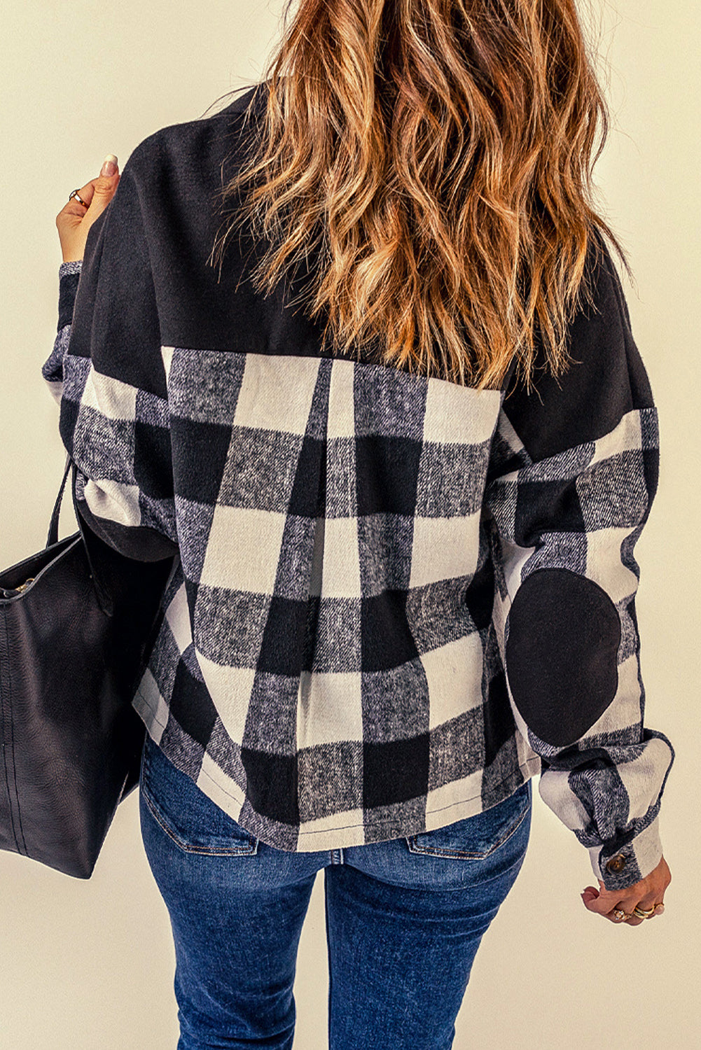 Women's Black Plaid Button-Up Shirt Jacket with Pockets, Shacket