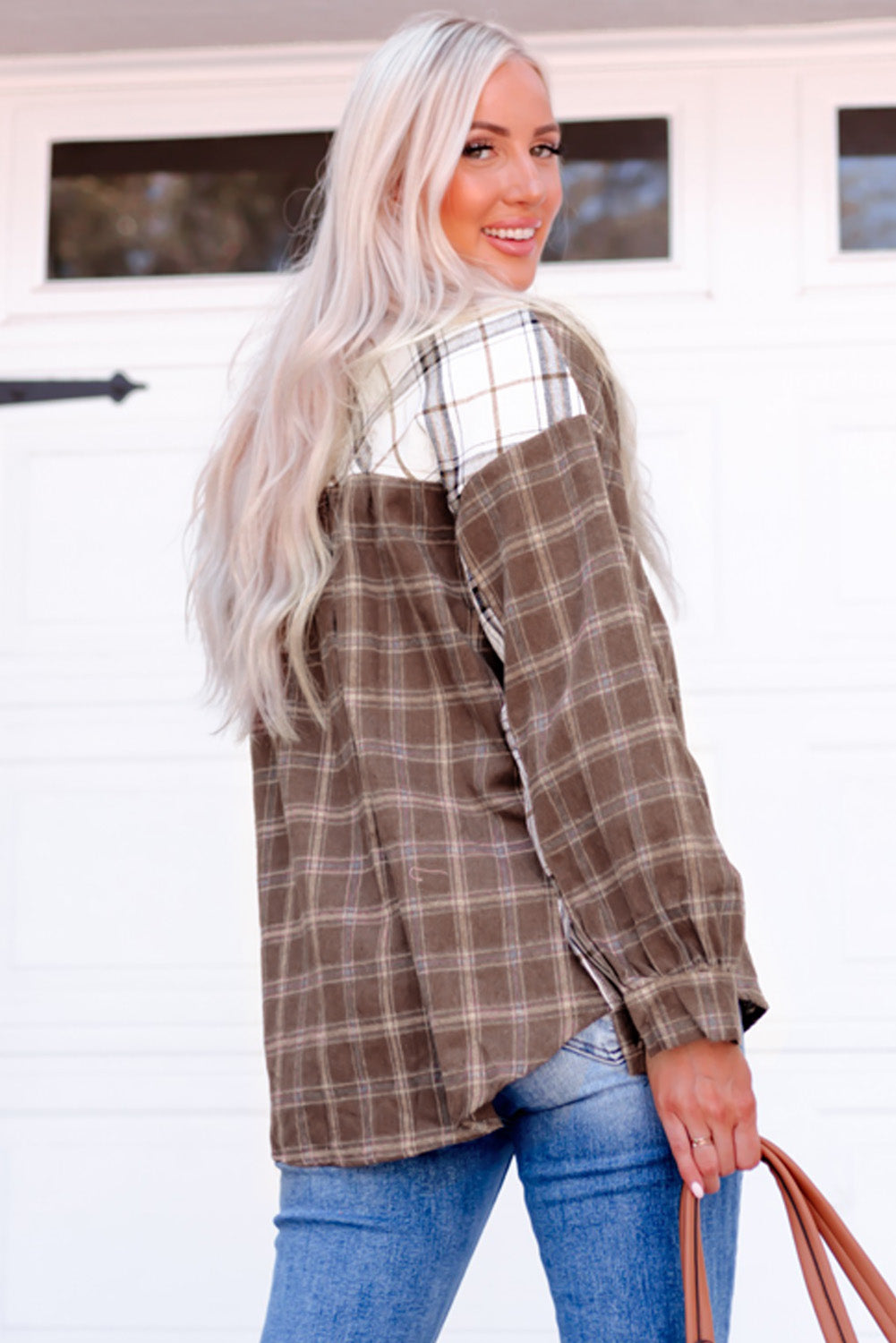 Brown Plaid Contrast Button Up Shirt Jacket, Shacket