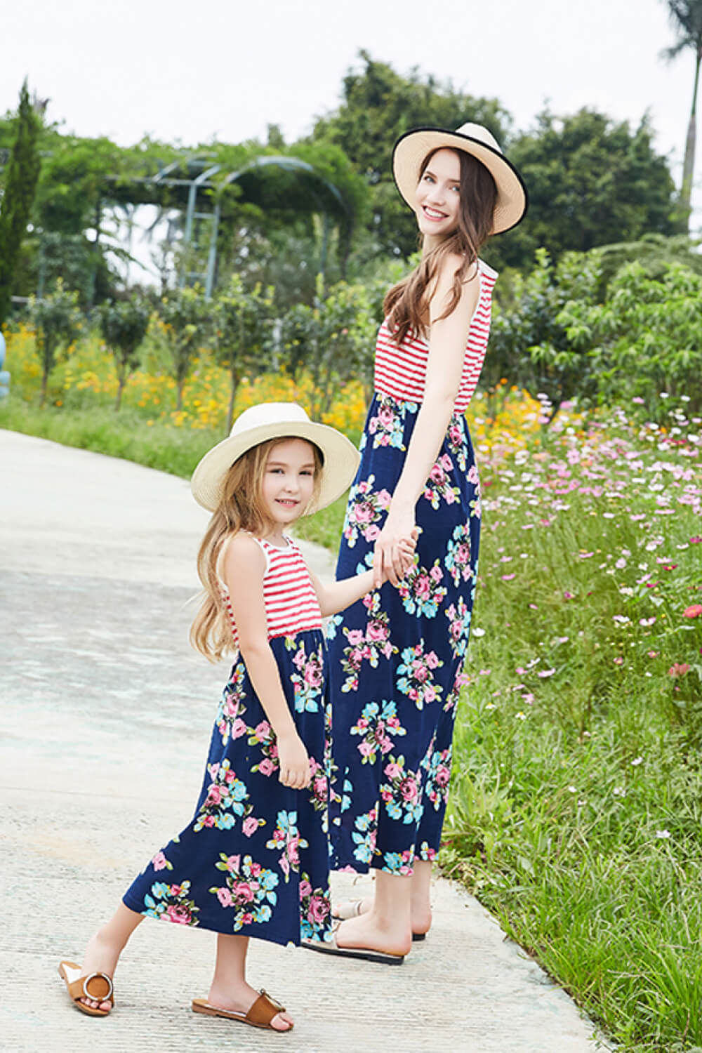 Girls Striped Floral Sleeveless Maxi