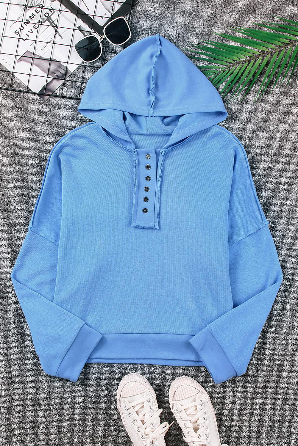 Women's Quarter-Button Exposed Seam Dropped Shoulder Hoodie in Black, Khaki, Sky Blue, Gray, & Pink