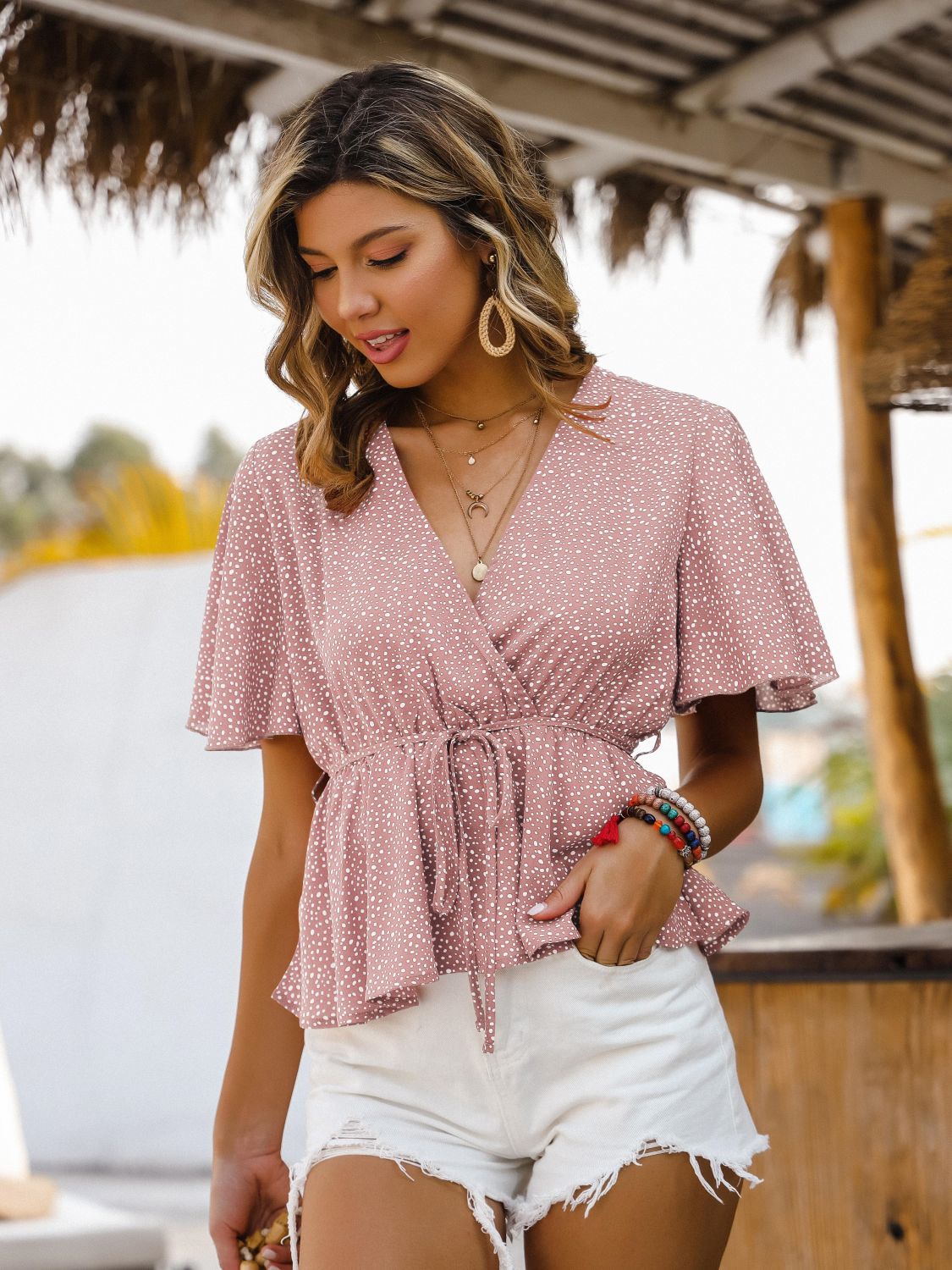 Printed Tied Flutter Sleeve Blouse