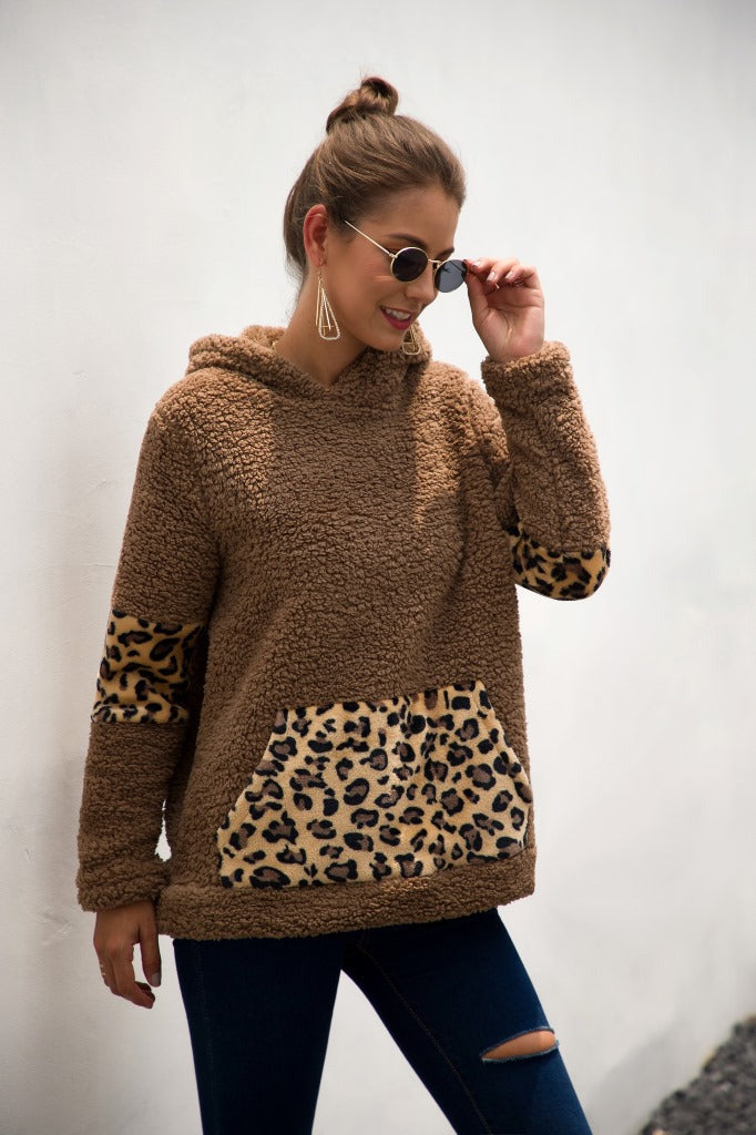 Leopard Color Block Sherpa Hoodie