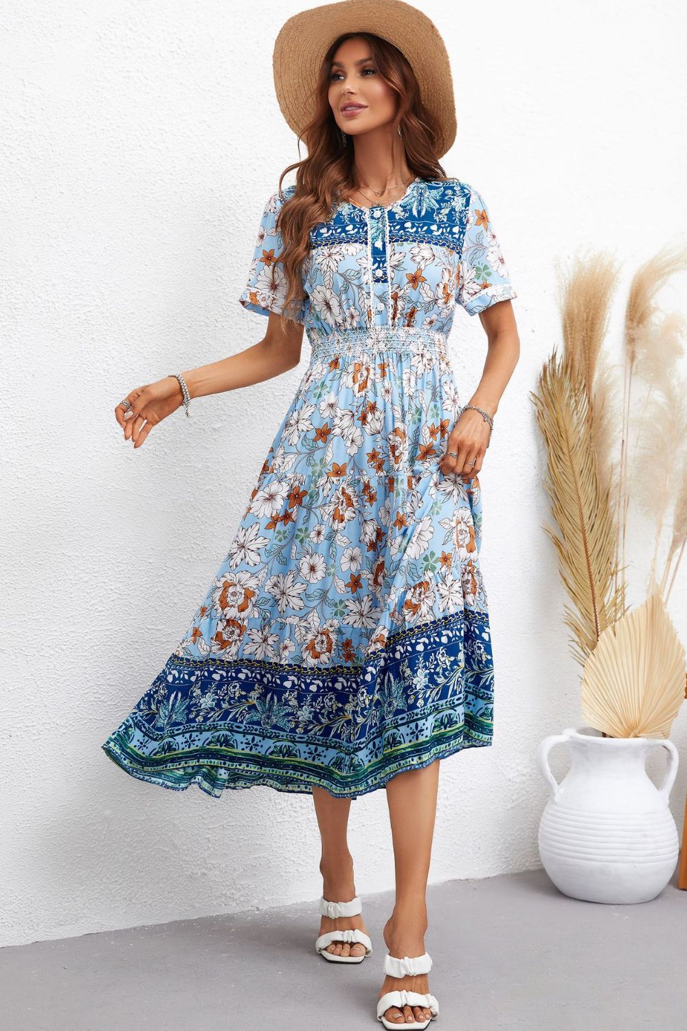 Bohemian Short Sleeve V-Neck Midi Dress