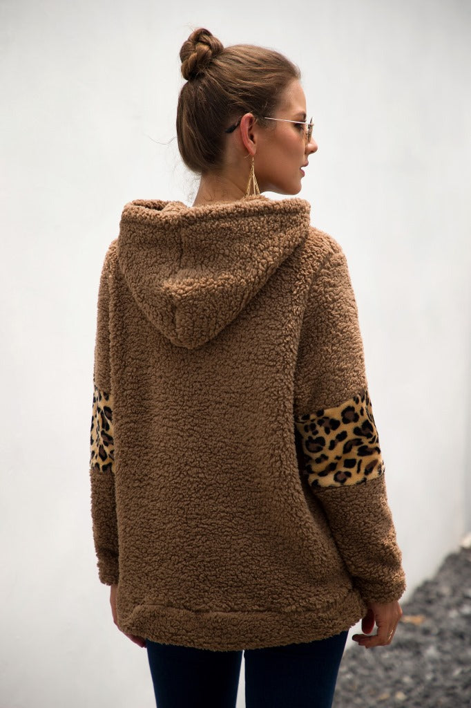 Leopard Color Block Sherpa Hoodie