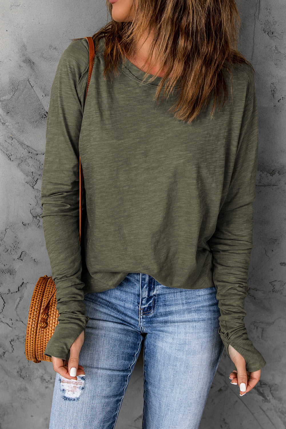 Women's Thumbhole Long Sleeve Round Neck Green Top