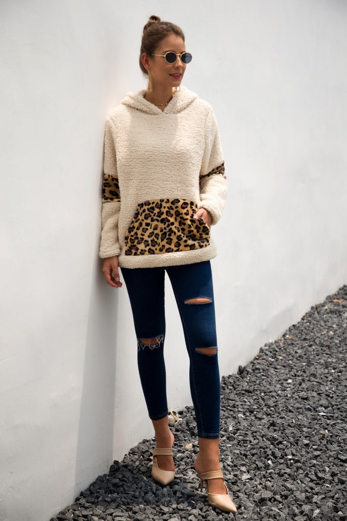 Leopard Color Block Sherpa Hoodie