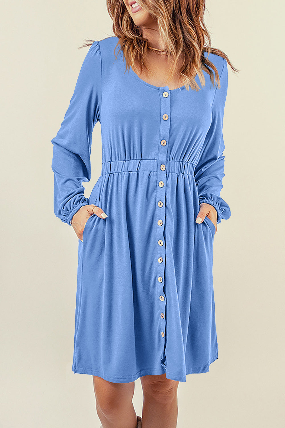 Women's Button Down Long Sleeve Dress with Pockets in Peach, Evergreen, Sky Blue, Emerald