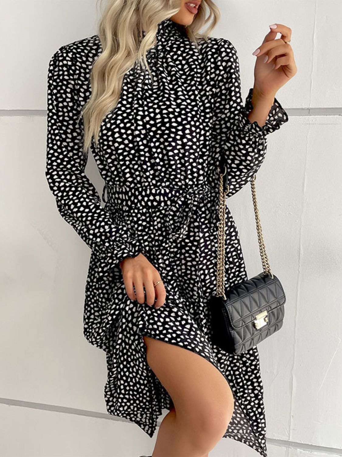 Women's Black Printed Tie-Waist Flounce Sleeve Keyhole Midi Dress