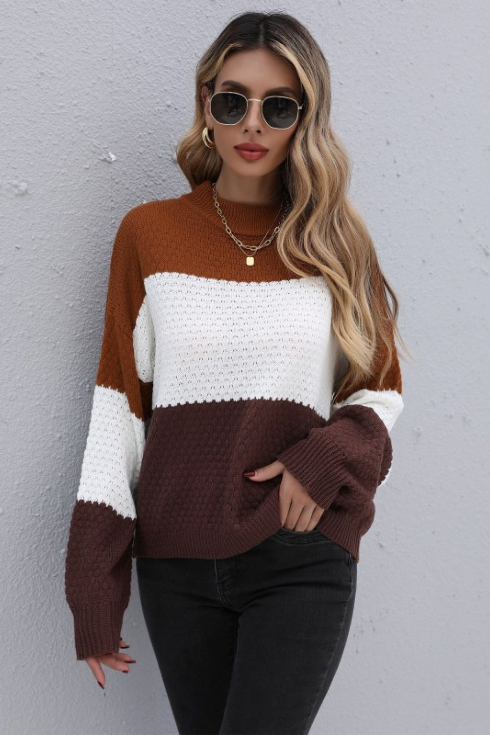 Women's Color Block Long Sleeve Brown/White/Rust Sweater