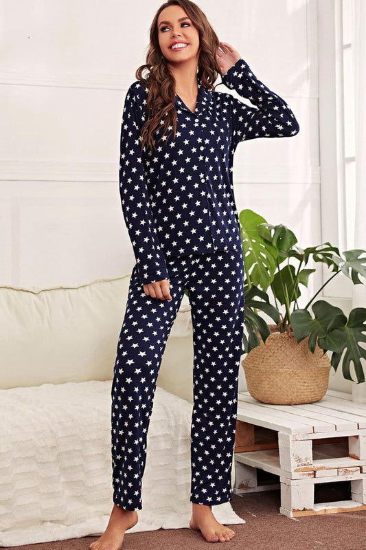 Star Print Button-Up Shirt and Bottoms Lounge Set