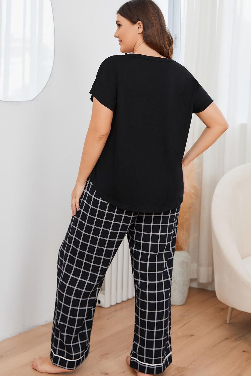 Plus Size V-Neck Top and Plaid Bottoms Lounge Set