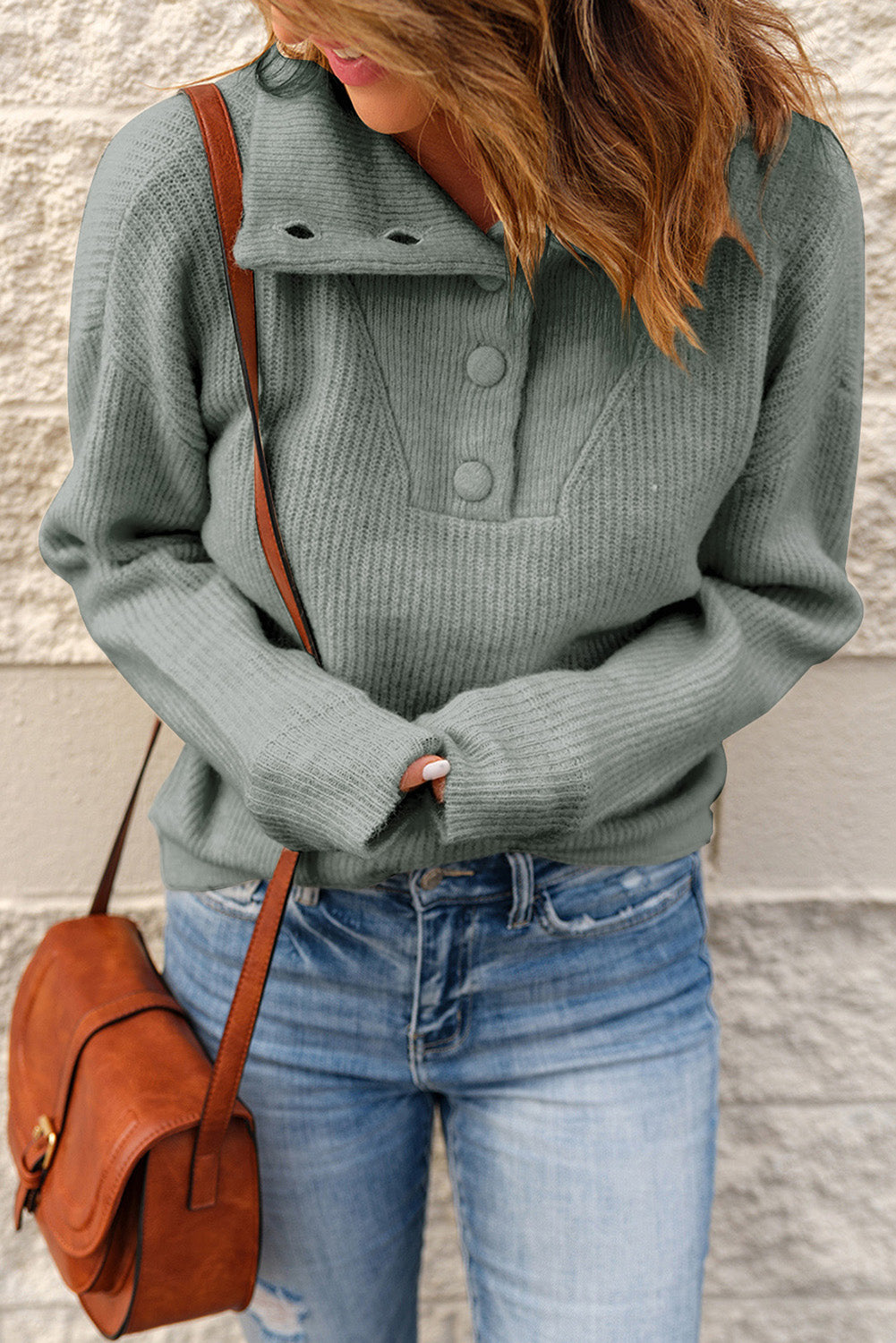 Women's Cream or Gray Half Button Dropped Shoulder Ribbed Sweater