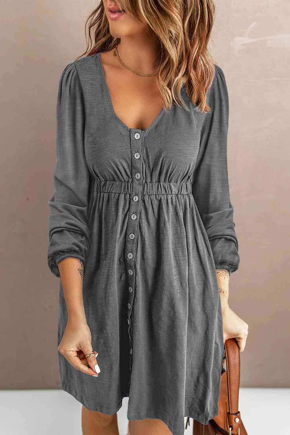 Women's Scoop Neck Empire Waist Long Sleeve Mini Dress in Black, Green, Gray, and Blue