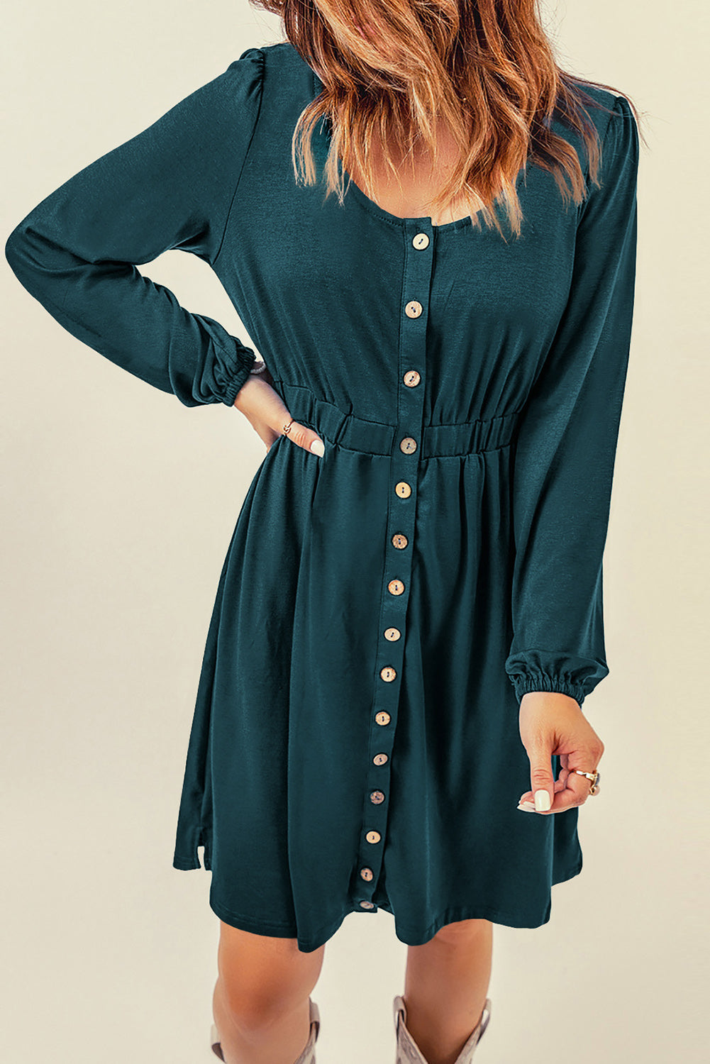 Women's Button Down Long Sleeve Dress with Pockets in Peach, Evergreen, Sky Blue, Emerald