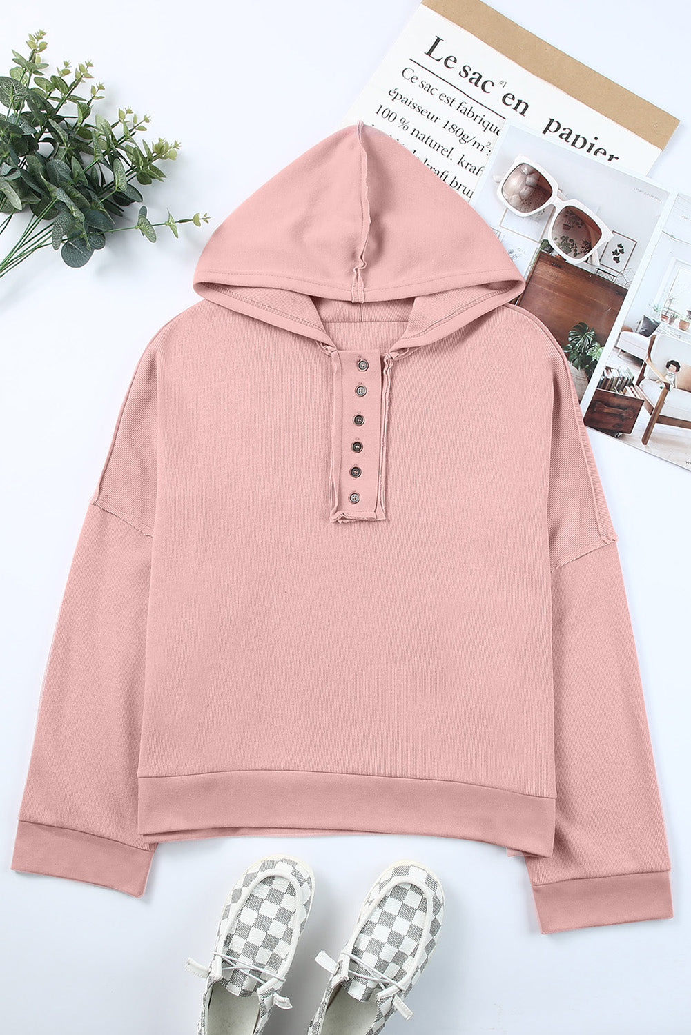 Women's Quarter-Button Exposed Seam Dropped Shoulder Hoodie in Black, Khaki, Sky Blue, Gray, & Pink