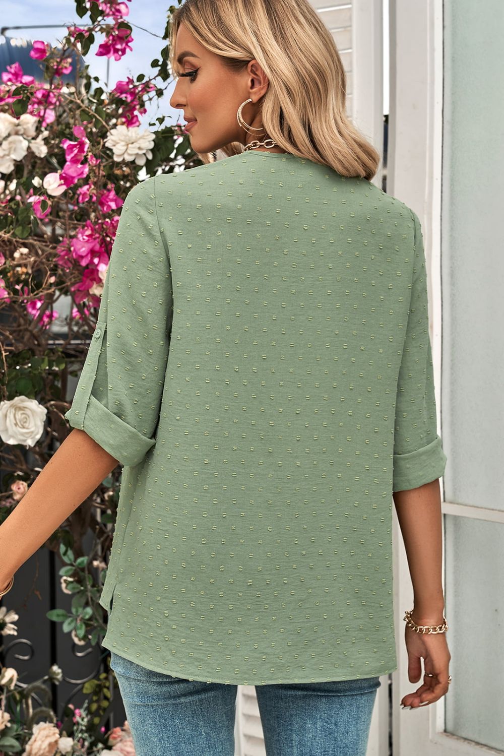 Swiss Dot Roll-Tab Sleeve V-Neck Blouse