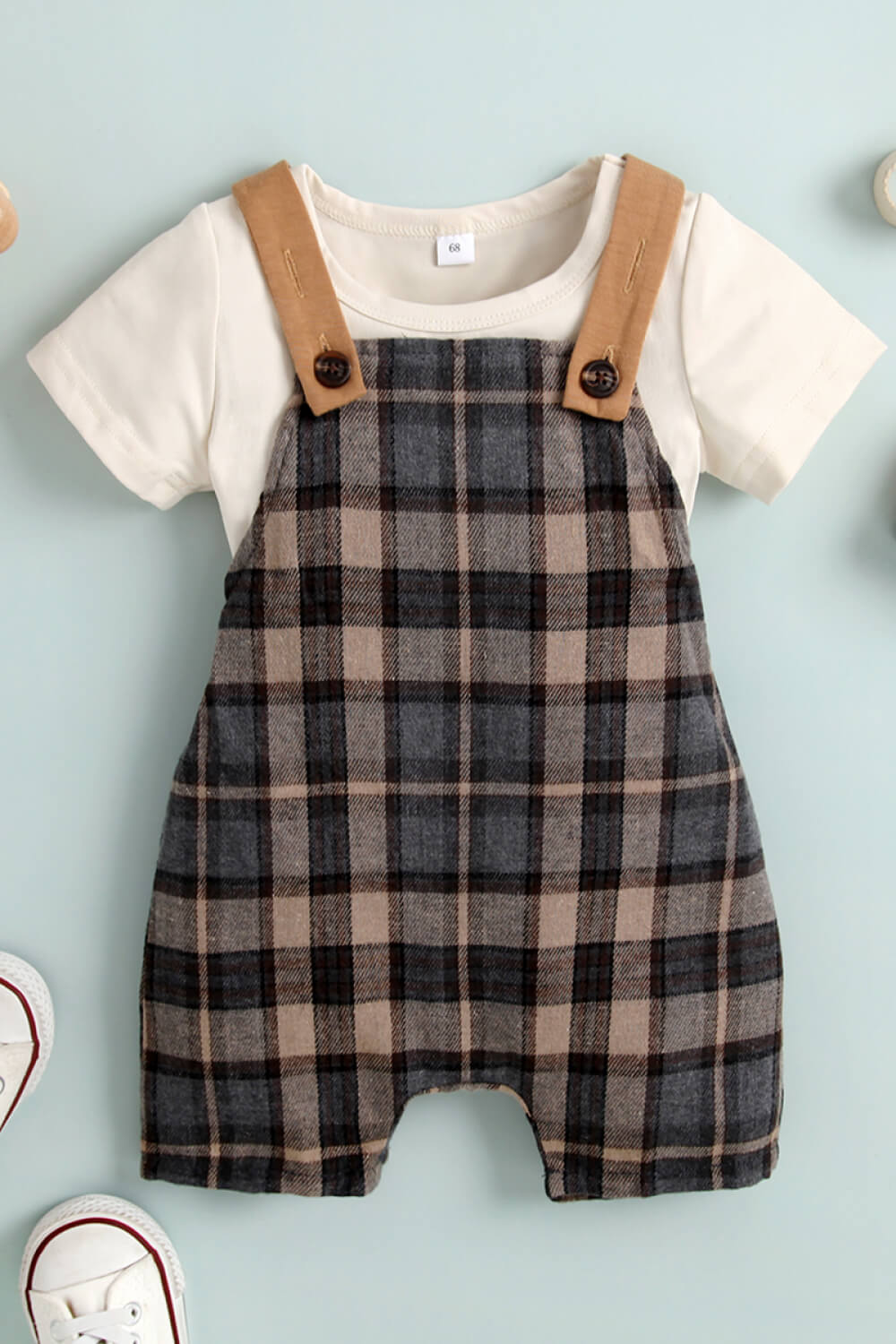 Baby Round Neck and Plaid Overalls Set