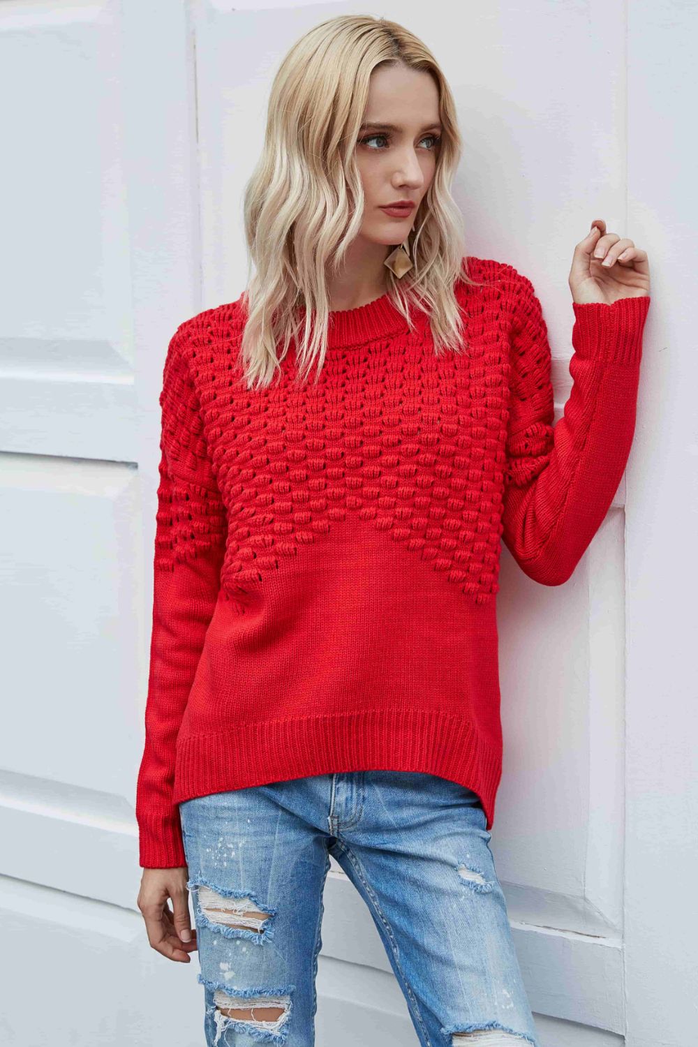 Pom-Pom Drop Shoulder Ribbed Trim Sweater in Khaki or Red