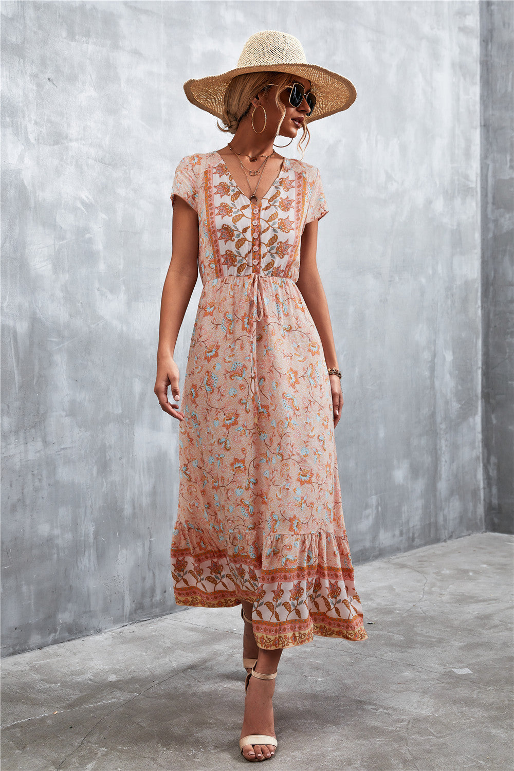 Bohemian V-Neck Short Sleeve Midi Dress