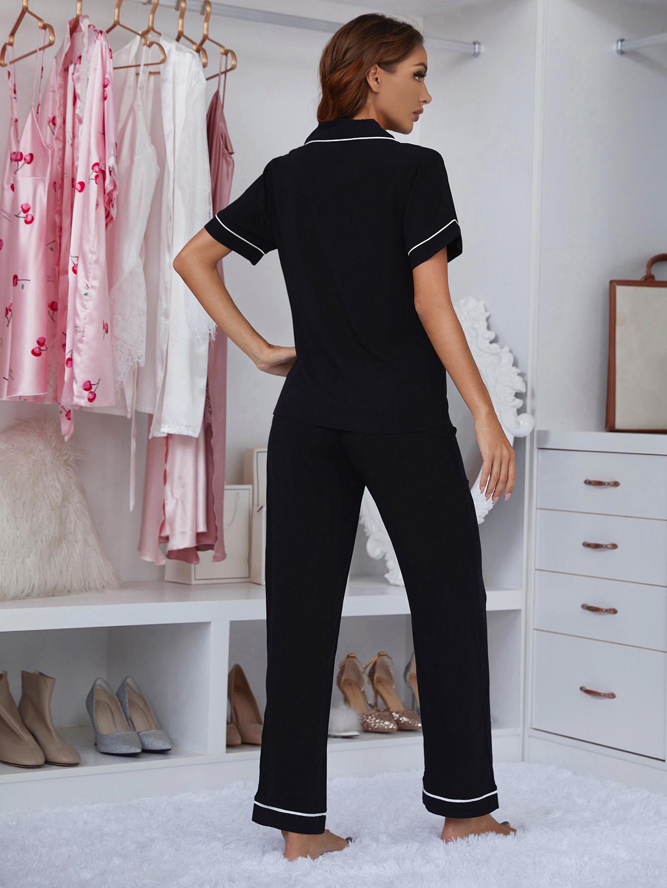 Contrast Piping Lapel Collar Short Sleeve Top and Bottom Pajama Set