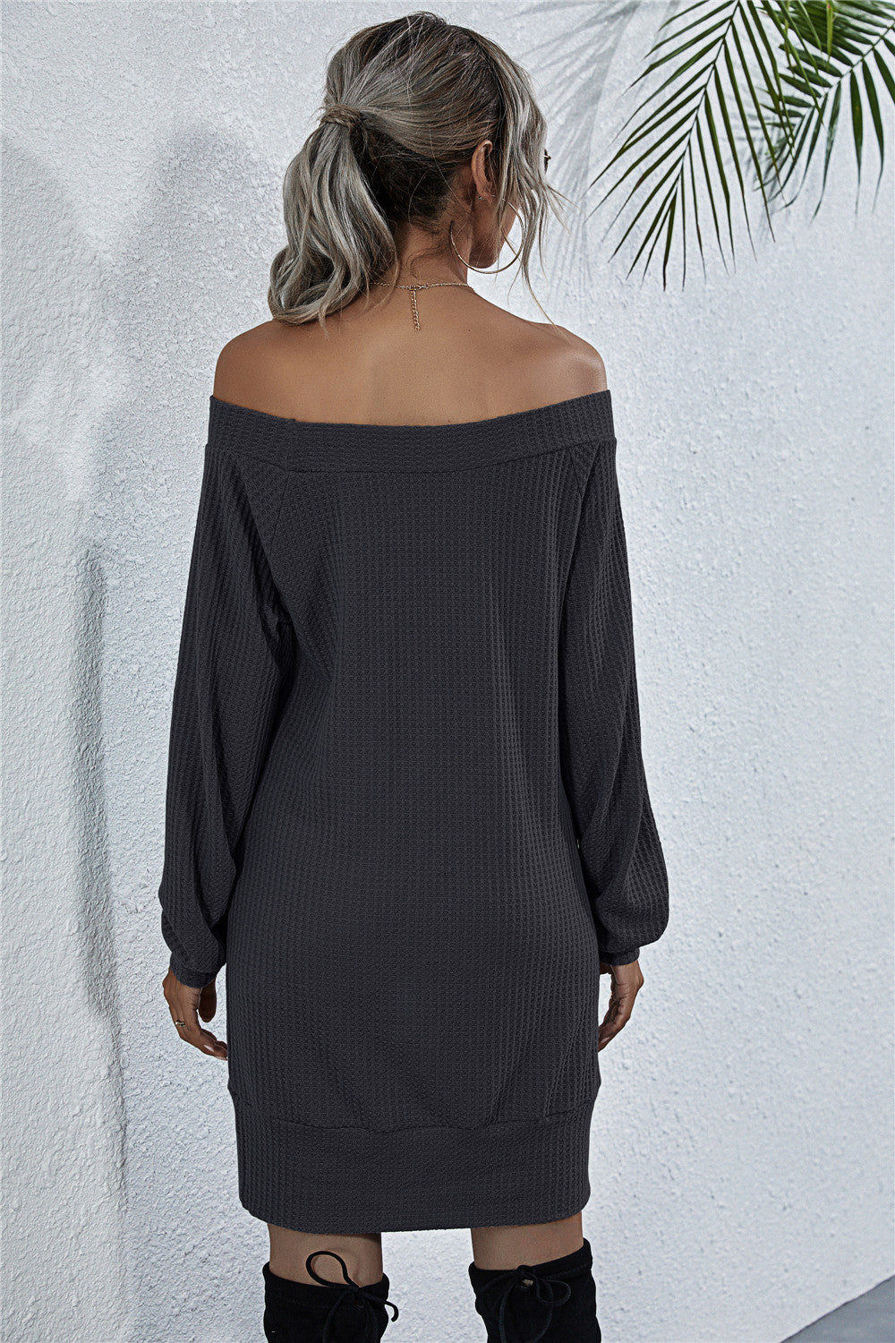 Women's Waffle-Knit Boat Neck Mini Dress in Black, Dark Gray, Army Green, or Light Gray