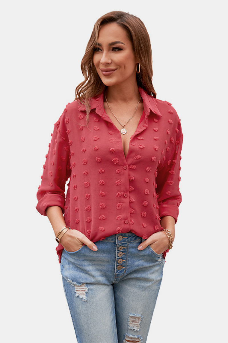 Women's Swiss Dot Buttoned Chiffon Top in Black, White, Red, Apricot, Brown Green, or Light Blue